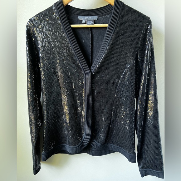 PER SE Sequin Silk Cotton Cardigan Embellished Black Party Date Night Mob Wife M - Picture 1 of 5